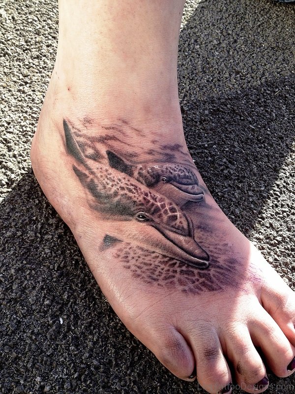 2 Grey Dolphins Tattoo On Foot