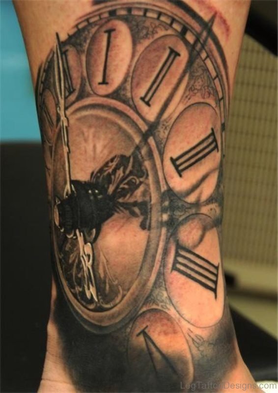 3D Clock Tattoo On Foot