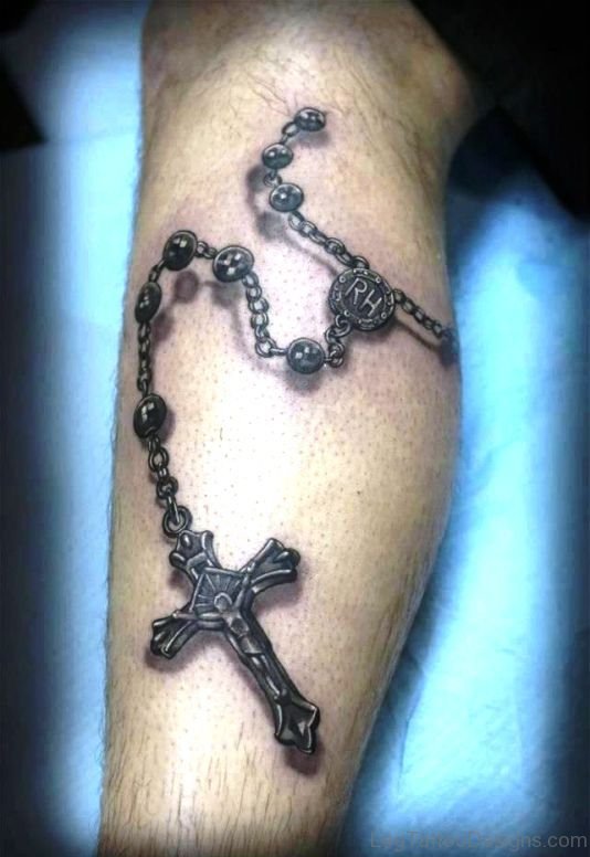 3D Cross Rosary Tattoo On Leg