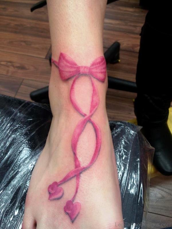 3D Pink Bow Tattoo On Foot