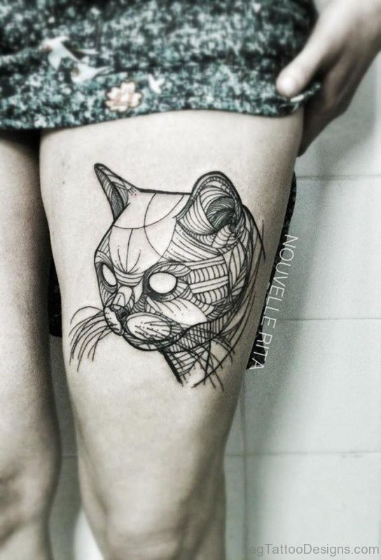 Abstract Cat Tattoo On Thigh