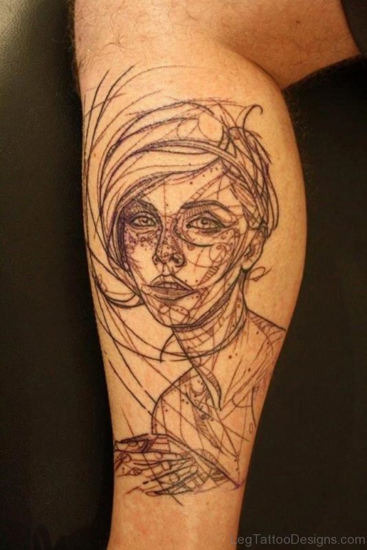 Abstract Geometric Portrait Tattoo On Leg