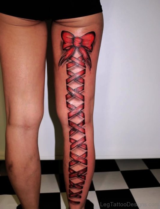 Adorable Red Corset Tattoo On Leg