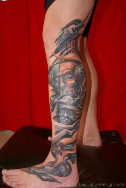 Alien Biomechanical Colored Tattoos On Leg