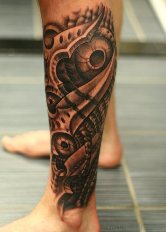 Amazing Biomechanical Tattoo On Leg