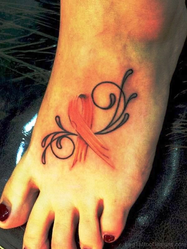 Amazing Cancer Ribbon Tattoo On Foot