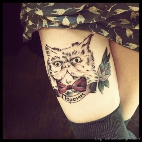 Amazing Cat Tattoo On Thigh