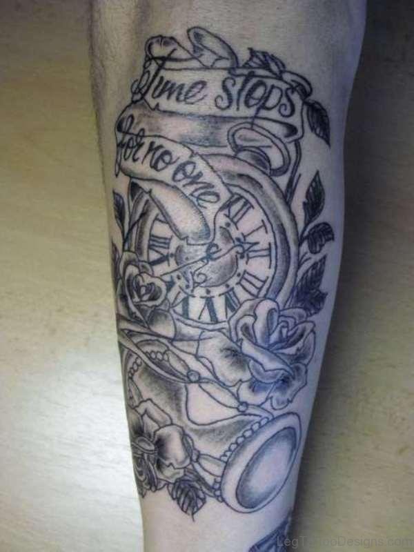 Amazing Clock Tattoo On Leg