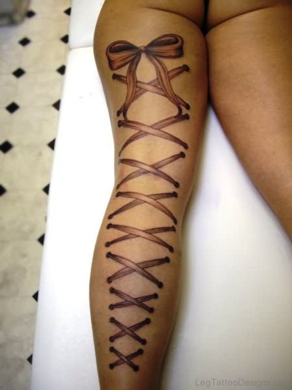 Amazing Corset Tattoo On Leg
