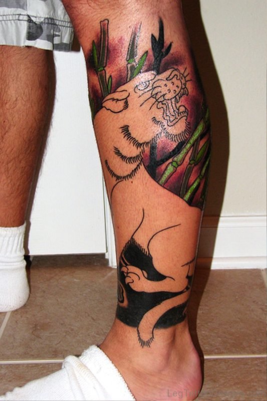 Amazing Panther Tattoo On Calf