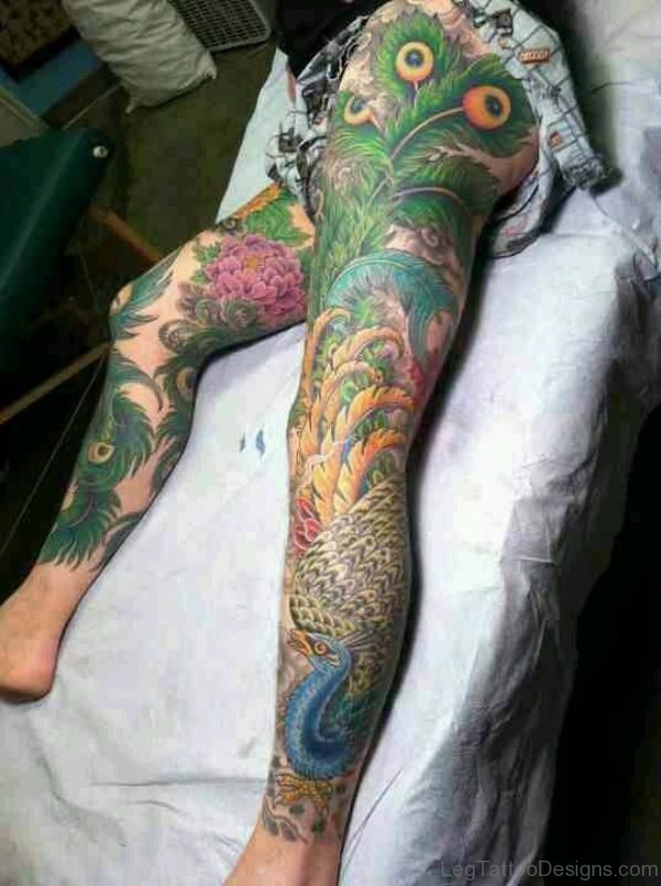 Amazing Peacock Tattoo On Leg