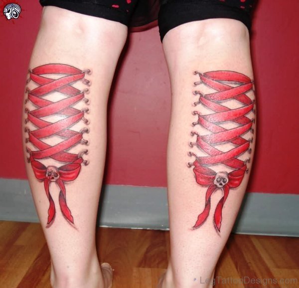 Amazing Red Corset Tattoos On Both Legs