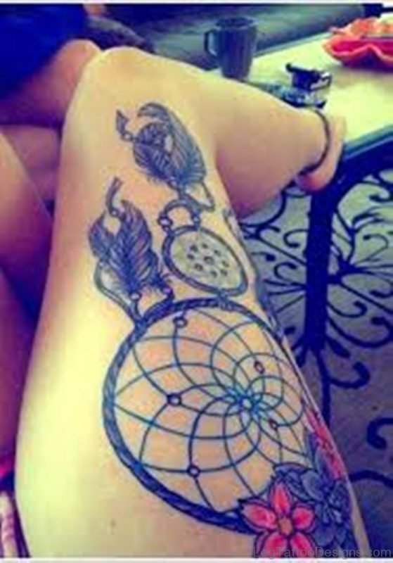 Amusing Dreamcatcher Tattoo On Thigh