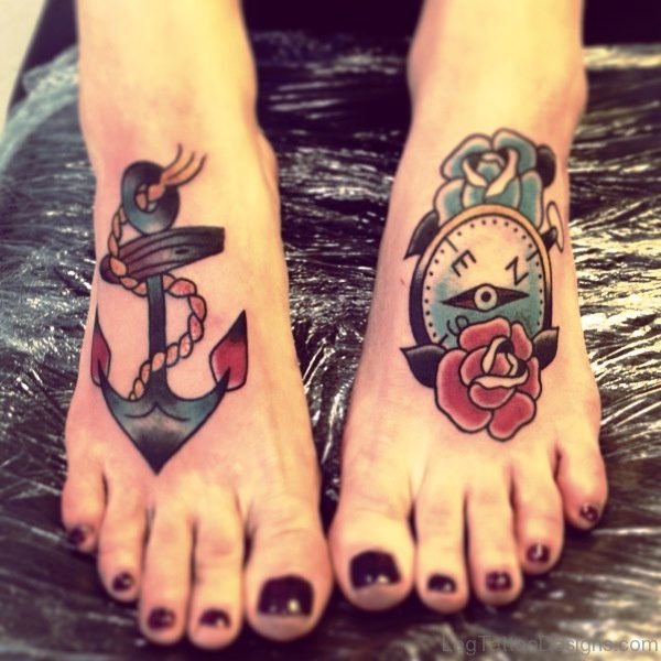 Anchor And Compass Tattoo On Feet