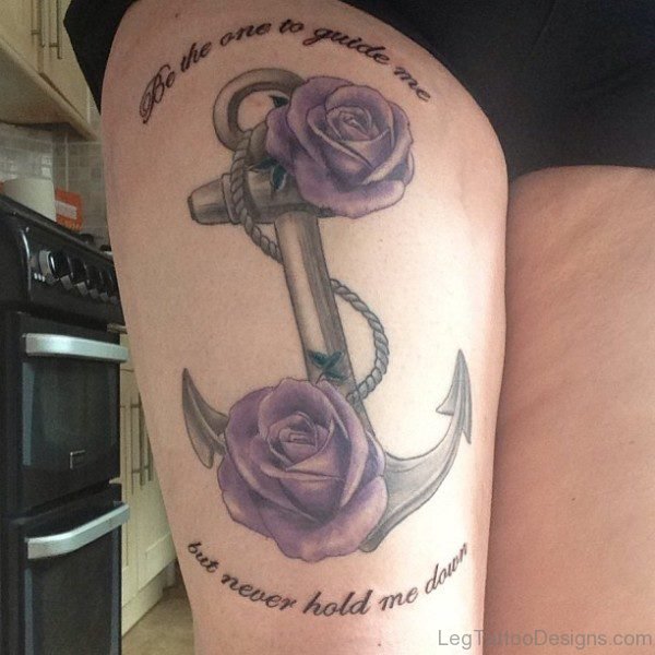 Anchor And Rose Tattoo On Thigh