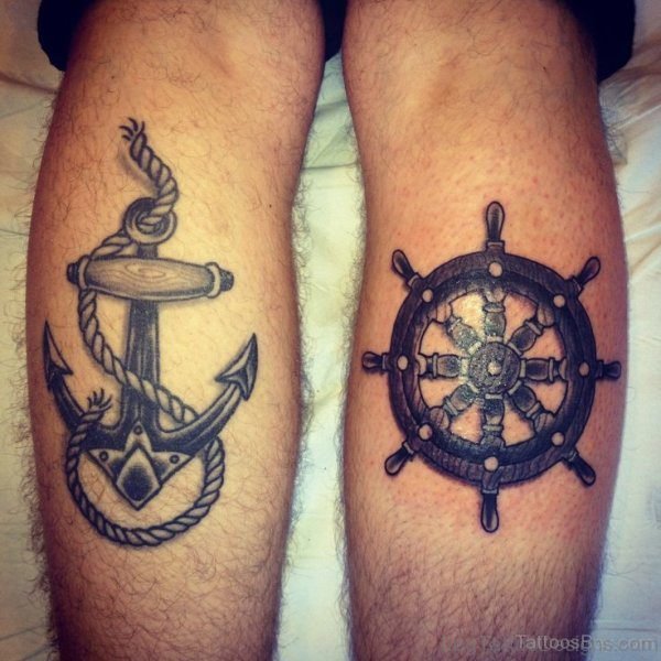 Anchor And Ship Wheel Tattoo On Leg