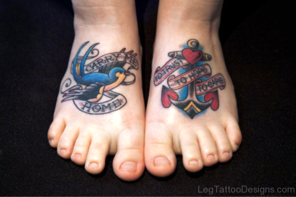 Anchor Tattoo With Bird Design On Feet