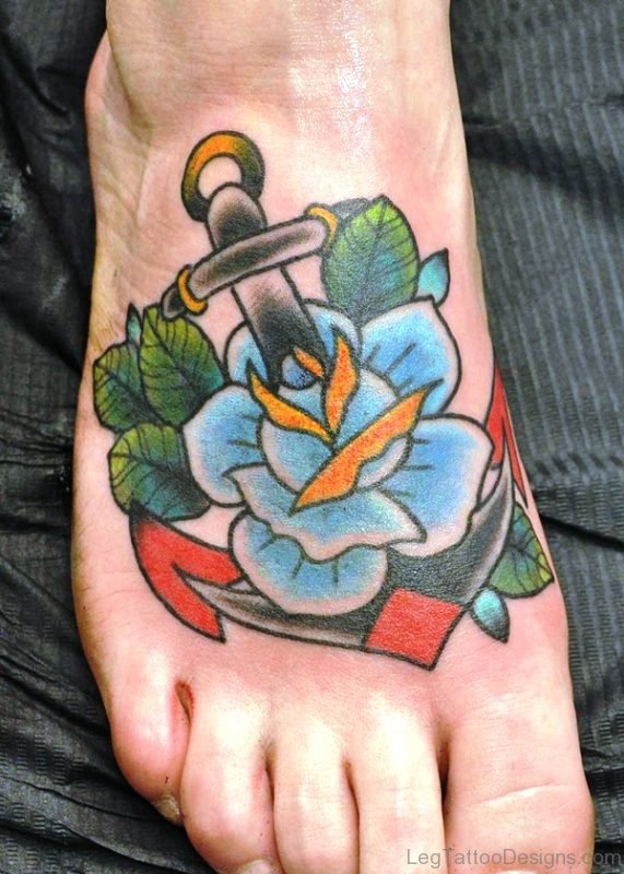 Anchor Tattoo With Blue Rose