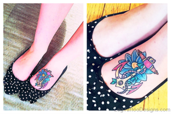 Anchor Tattoo With Flower On Foot