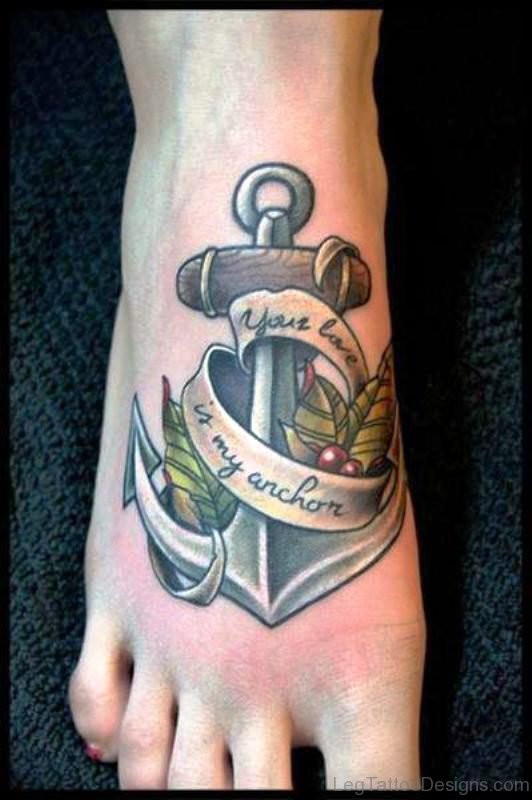 Anchor Tattoo With Lettering On Foot