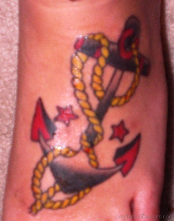 Anchor Tattoo With Red Stars On Foot