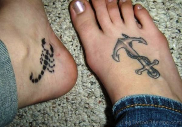 Anchor With Scorpio Tattoo On Feet