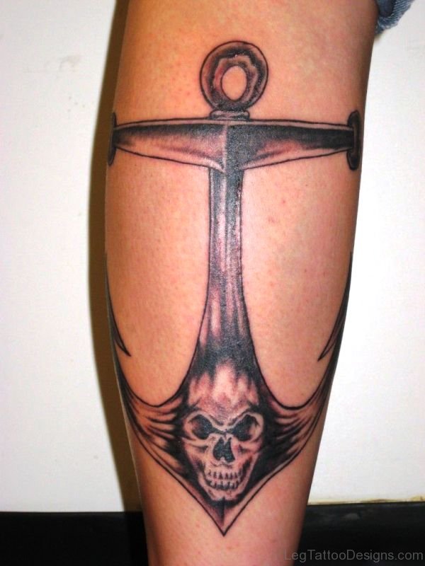 Anchor With Skull Tattoo On Calf