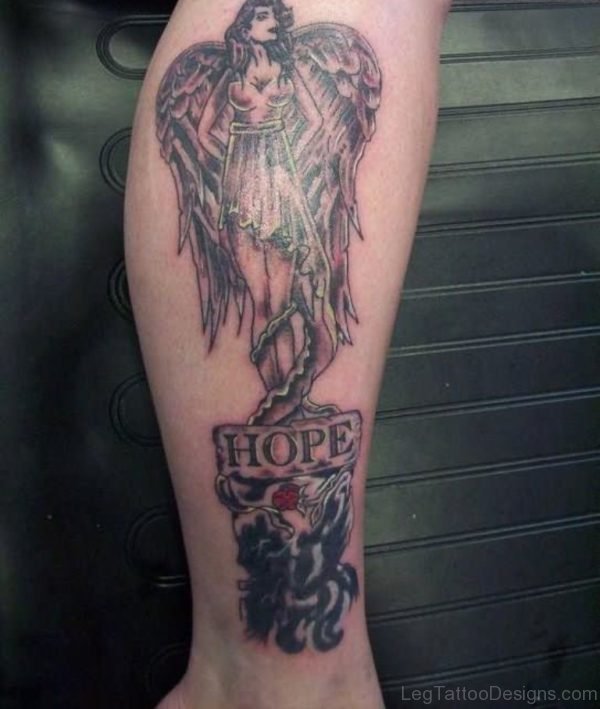 Angel Girl Hope Leg Tattoo Design