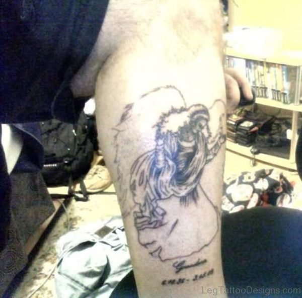 Angel Tattoo On Left Leg