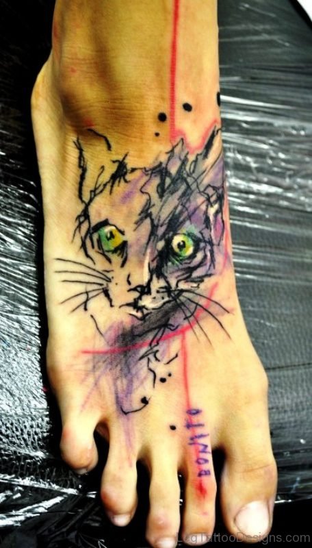 Angry Colorful Cat Tattoo On Foot