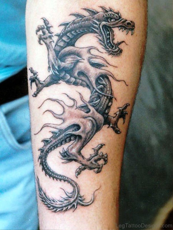 Angry Dragon Tattoo On Calf