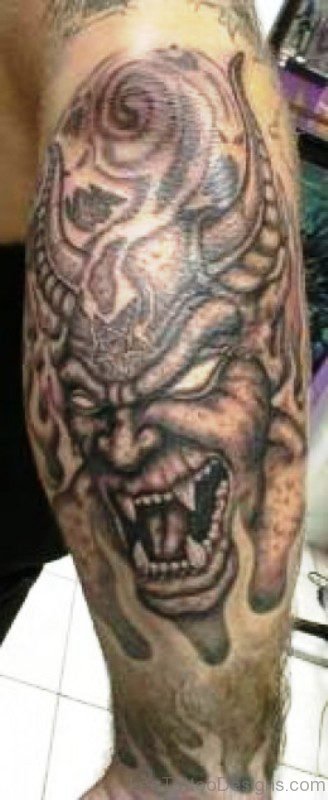 Angry Evil Tattoo On Leg