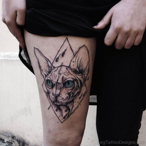 Angry Grey Cat Tattoo On Thigh
