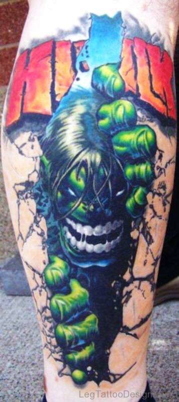Angry Hulk Tattoo On Calf