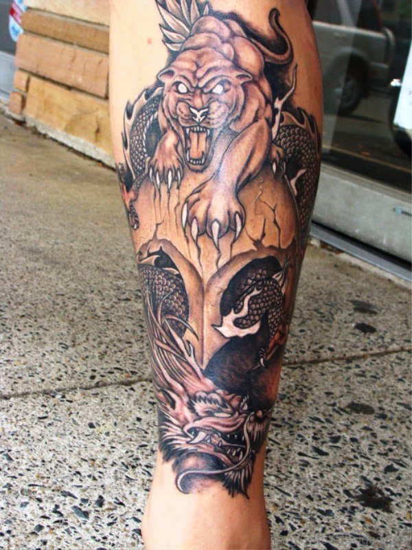 Angry Panther Tattoo On Calf