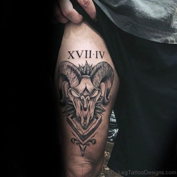 Aries And Roman Tattoo On Thigh