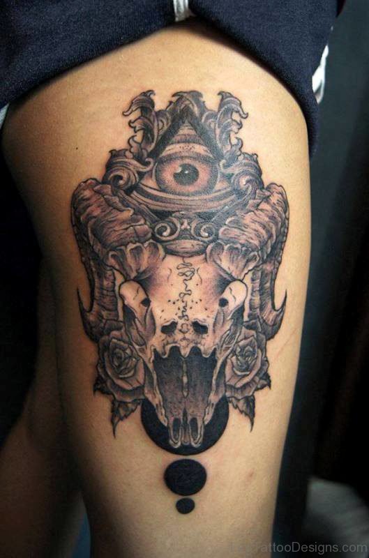 Aries Skull Tattoo On Thigh