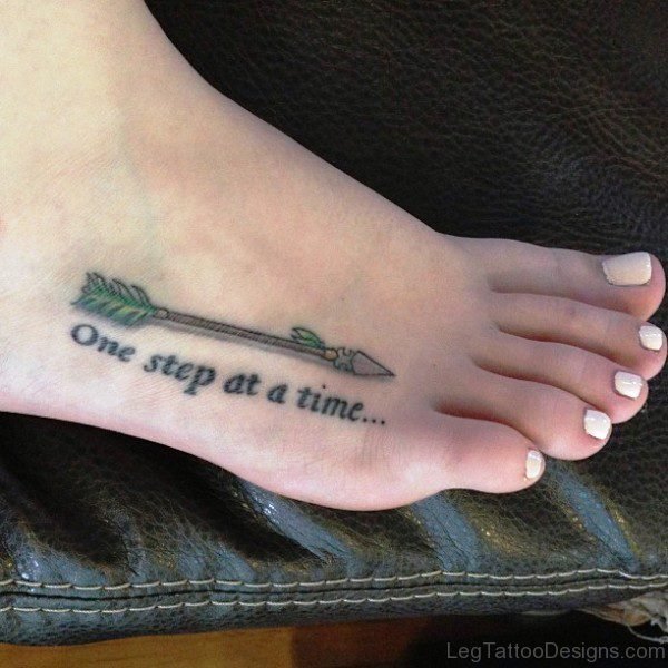 Arrow Tattoo On Foot With Wordings