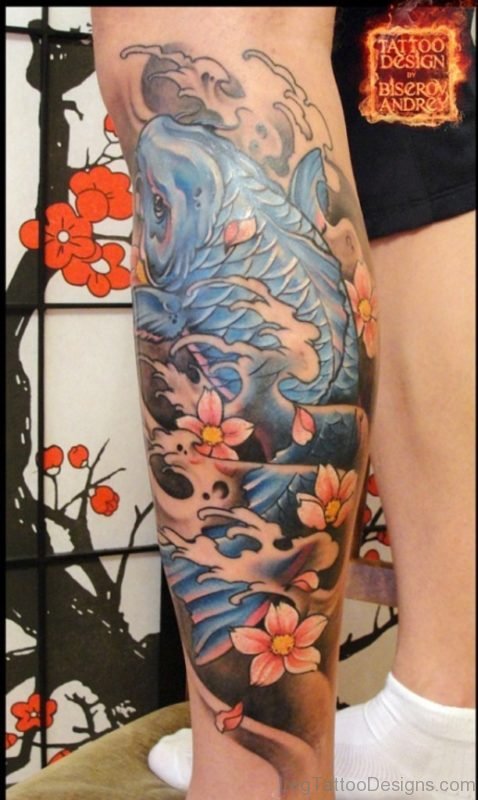 Asian Koi Fish Tattoo Design On Leg