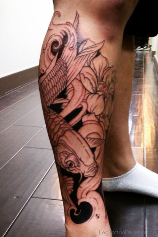 Asian Koi Fish Tattoo On Leg