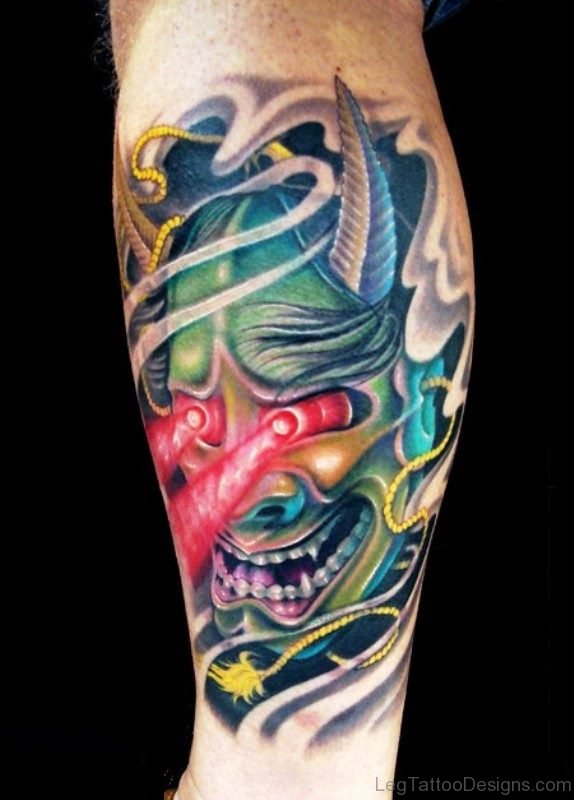 Asian Multicolor Evil Tattoo On Leg