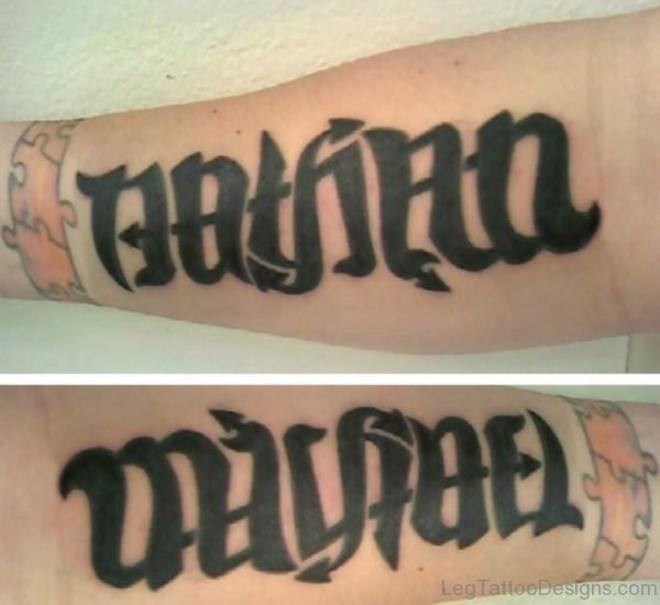 Attractive Ambigram Tattoo On Leg