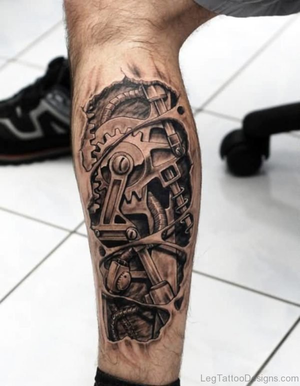 Attractive Biomechanical Leg Tattoo Design