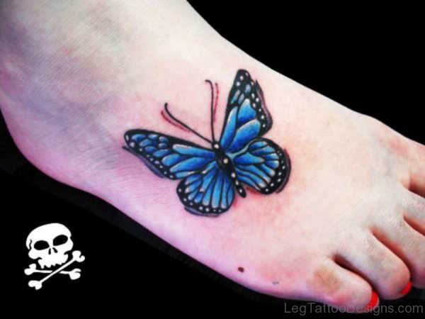 Attractive Blue Butterfly Tattoo On Foot