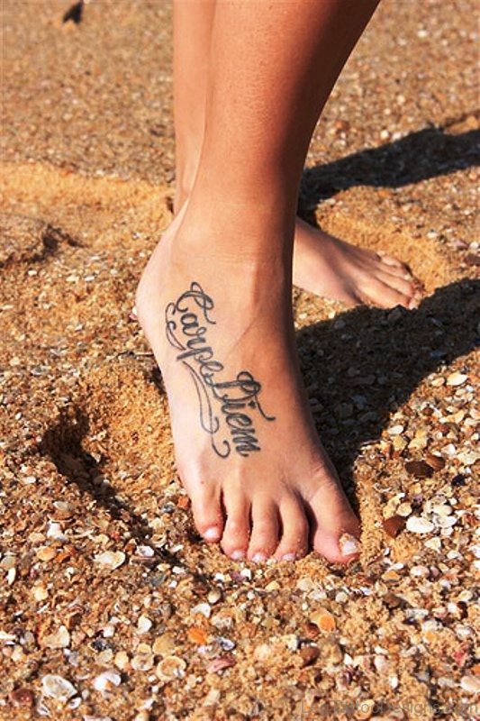 Attractive Carpe Diem Tattoo On Foot