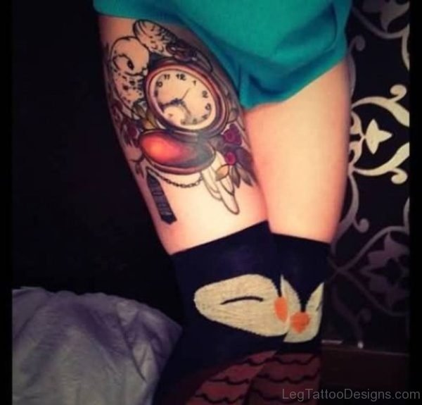 Attractive Clock Tattoo On Thigh