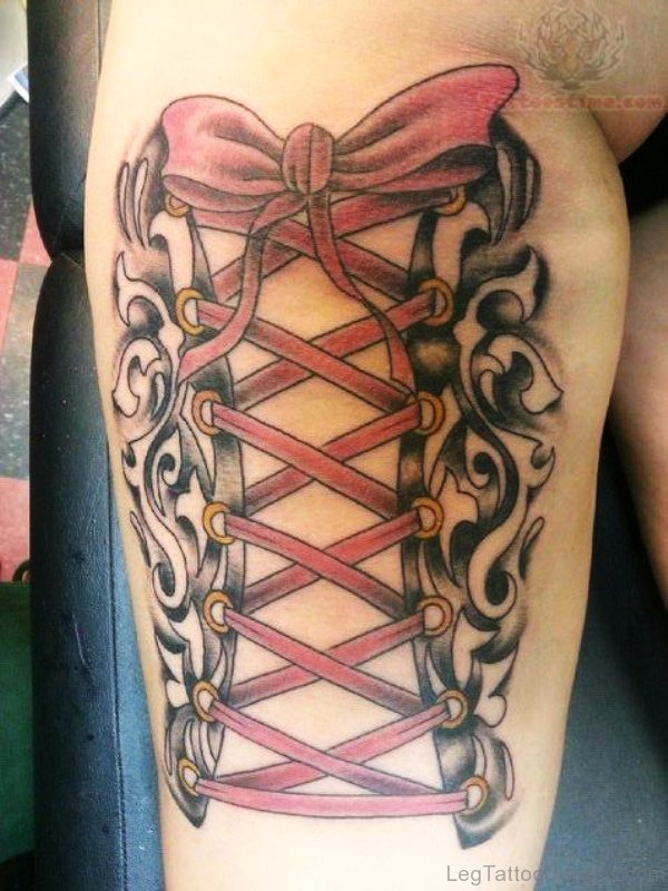 Attractive Corset Tattoo On Leg