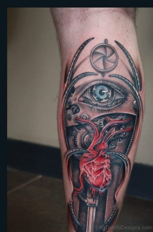 Awesome Biomechanical Tattoo On Leg