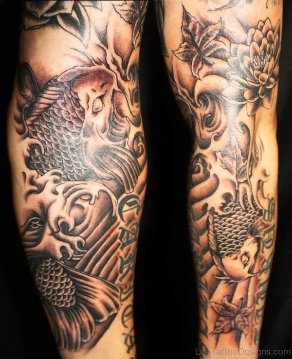 Awesome Black Koi Fish Tattoo Design On Leg