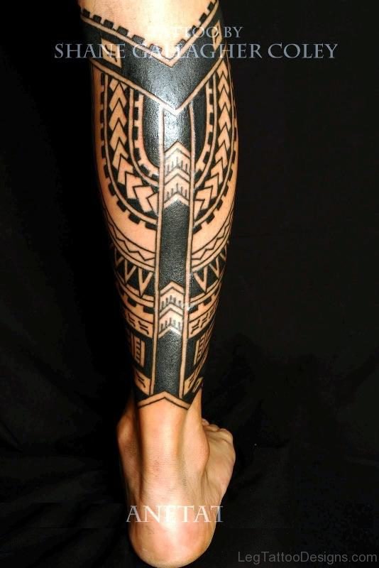 Awesome Black Polynesian Tattoo On Calf